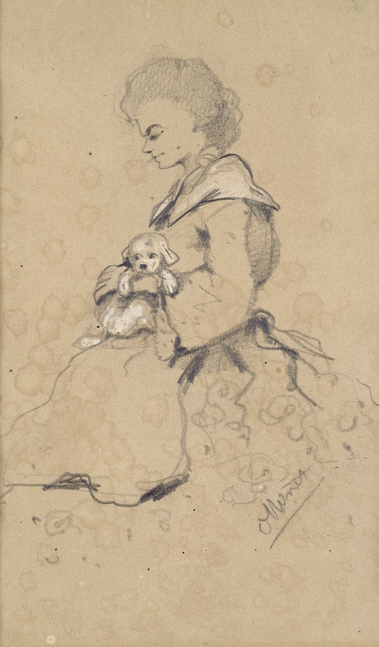 Kobiety trzymające małego psa, 1857 (czarna i biała kreda na papierze) autorstwa Claude Monet