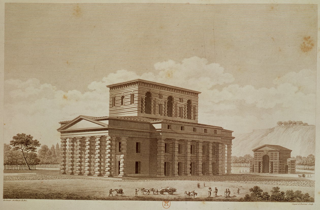 Widok perspektywiczny domu dyrektora warzelni soli w „idealnym mieście” Chaux, rytowany przez Louisa Selliera (ur. 1757) i Coqueta, ok. 1801 autorstwa Claude Nicolas Ledoux