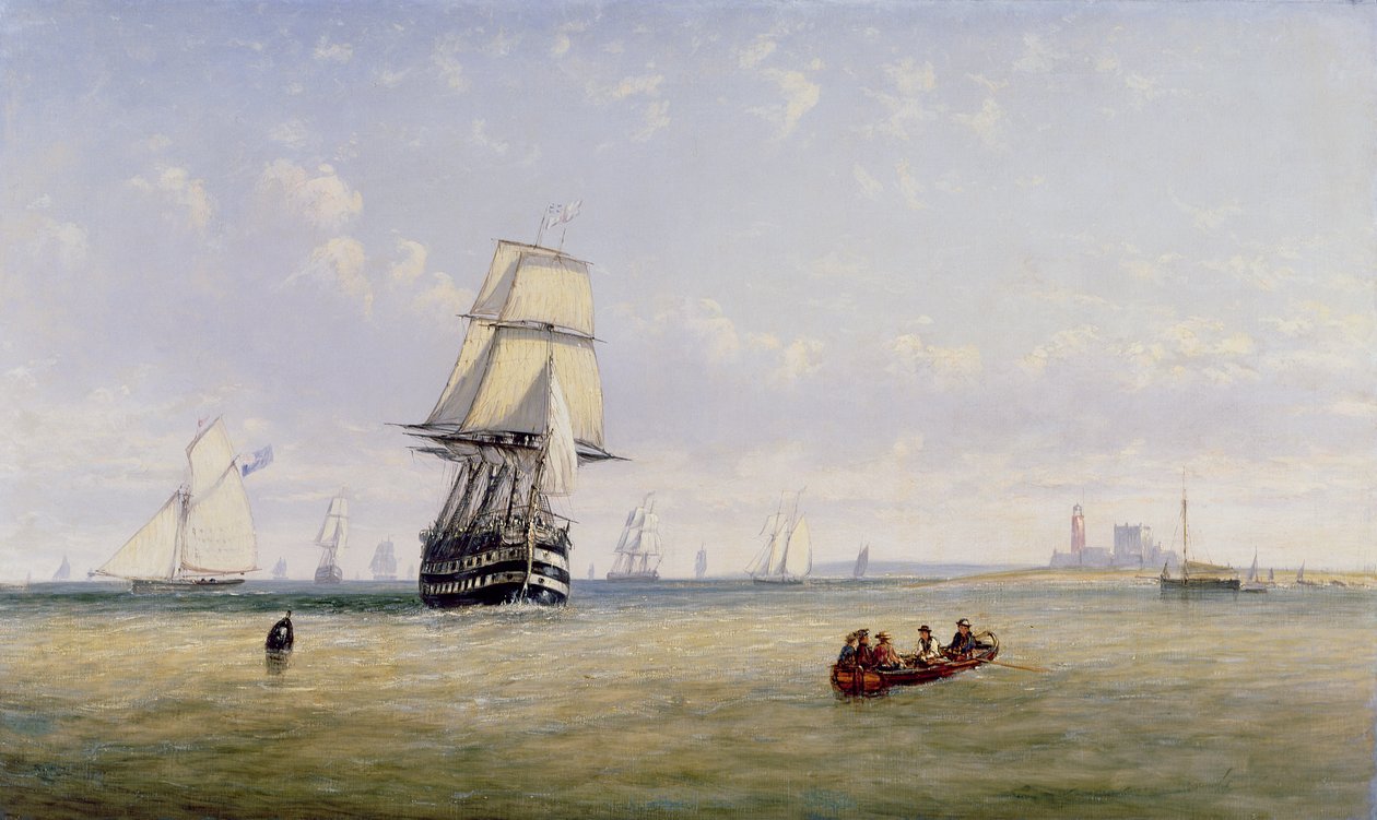 Wojna mężczyzn, szkunery i jachty Royal Navy w scenie Busy Channel poza Fastnet Light autorstwa Claude T. Stanfield Moore