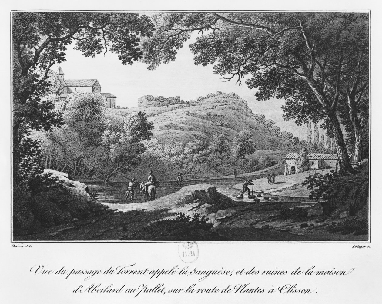 Widok na potok znany jako La Sanguese i ruiny domu Abelarda na Pallet, na drodze z Clisson do Nantes, ilustracja z „Voyage pittoresque dans le bocage de la Vendee ou v autorstwa Claude Thienon