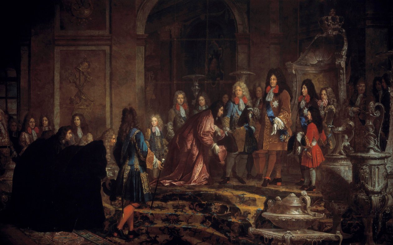 Zadośćuczynienie królowi Ludwikowi XIV dokonanemu przez Dożę Genów w Galerie des Glaces w Wersalu, 15 maja autorstwa Claude Guy Halle