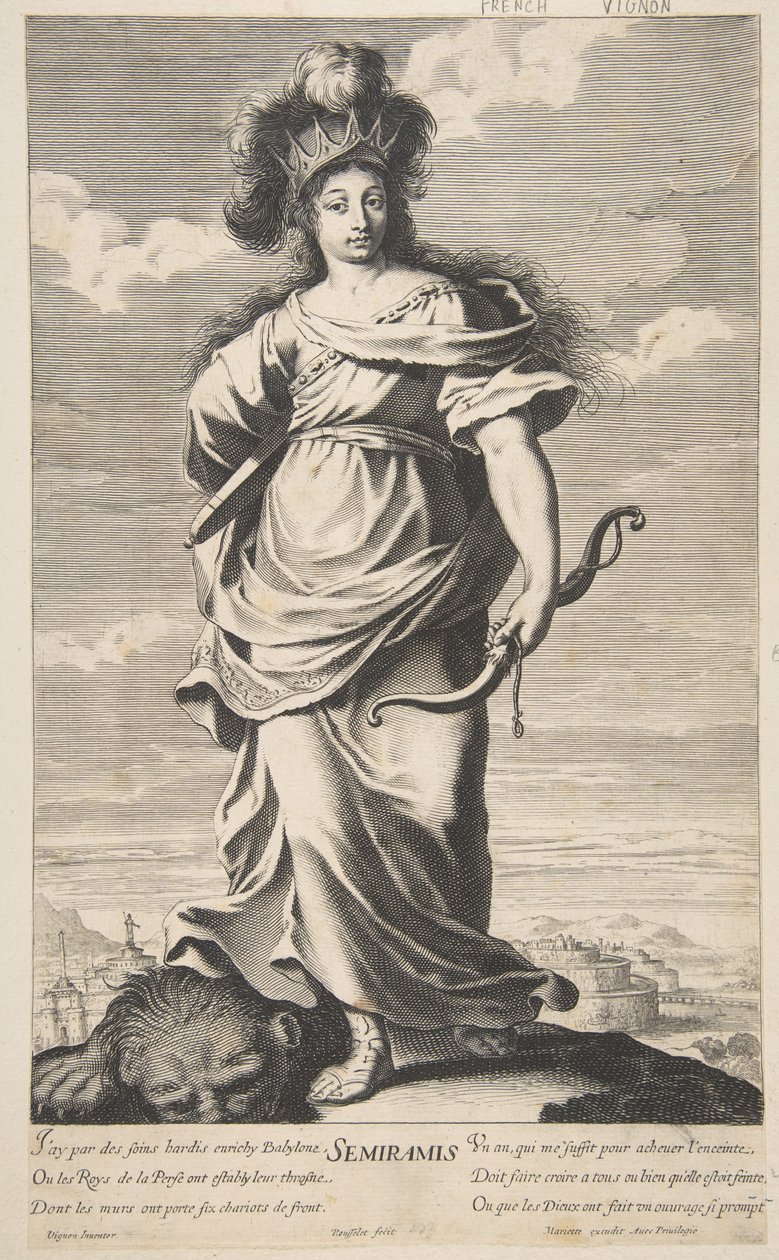 Semiramis z Siedmiu cudów świata, ok. 1639-40 (akwaforta i grawerowanie) autorstwa Claude (after) Vignon