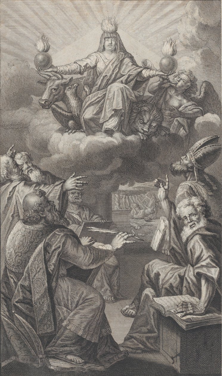 Alegoryczna postać pojawiająca się na chmurach nad głowami, podczas gdy grupa mężczyzn zgromadzona poniżej patrz..., 1728. autorstwa Claude Augustin Duflos