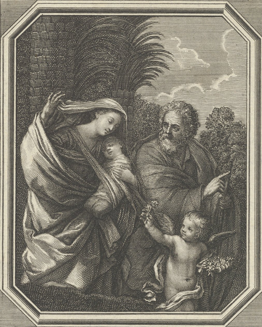 Ucieczka do Egiptu, wędrówka świętej rodziny z młodym Janem Chrzcicielem, tr..., ca. 1720-86. autorstwa Claude Augustin Duflos