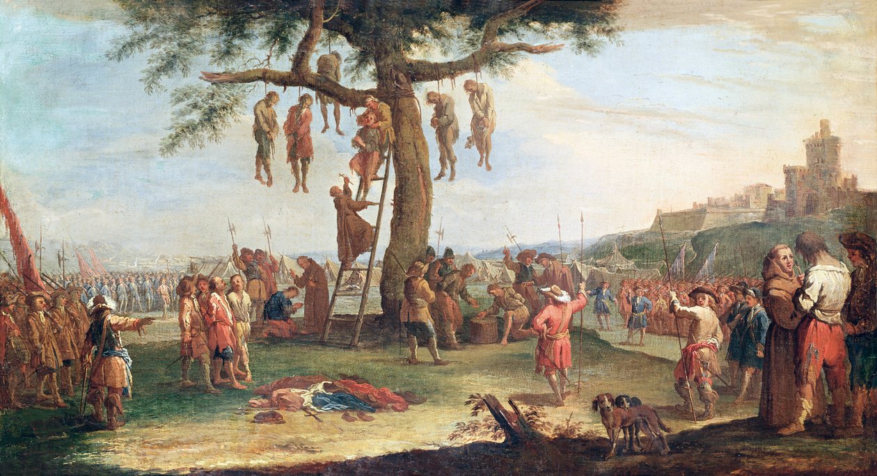 Wisząca, z serii „Nieszczęścia i nieszczęścia wojny”, według oryginalnego obrazu Jacquesa Callota (1592-1635) autorstwa Claude Callot