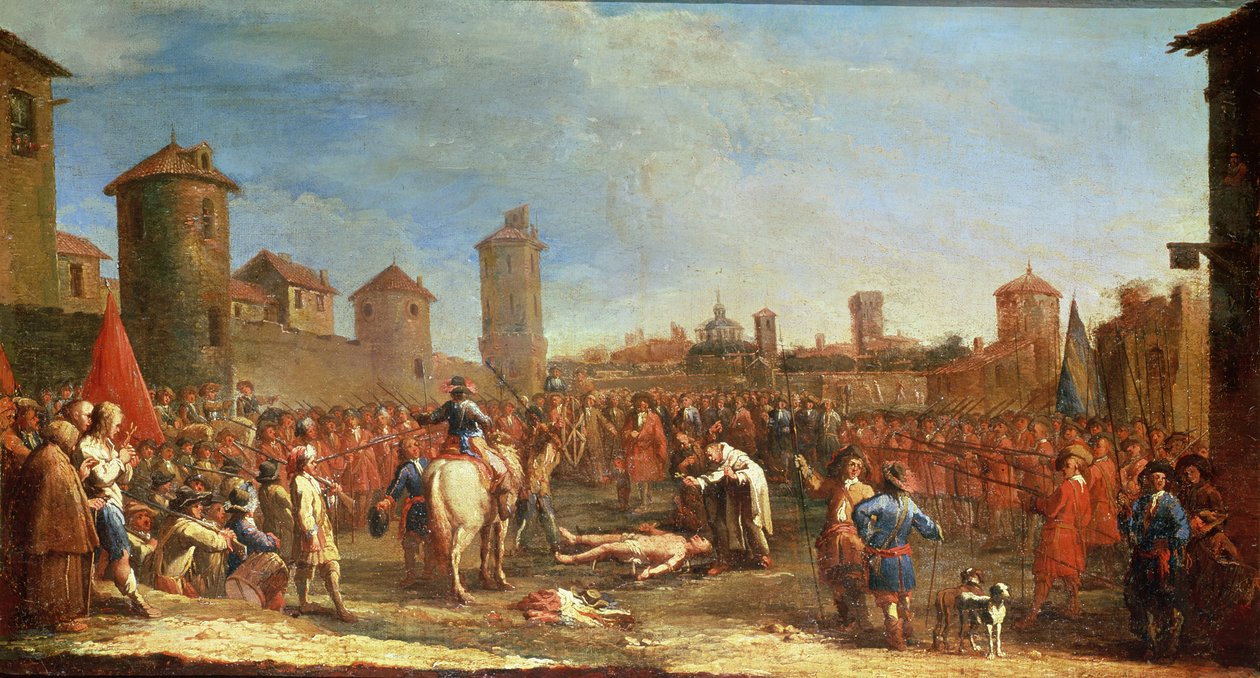 Tortury na kole, z serii „Nieszczęścia i nieszczęścia wojny”, według oryginalnego obrazu Jacquesa Callota (1592-1635) autorstwa Claude Callot