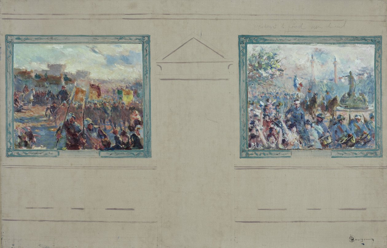 Szkic ratusza w 12. dzielnicy Paryża: Revue militaire. Défilé place de la Nation, około 1910 (olej na płótnie) autorstwa Claude Charles Bourgonnier