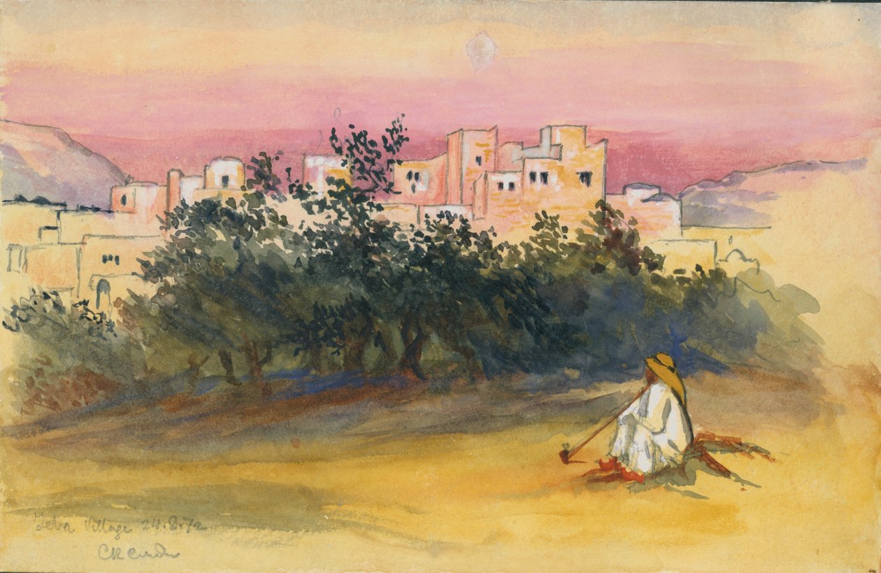 Jeba Village, 1872 (toaleta i ołówek na papierze) autorstwa Claude Conder