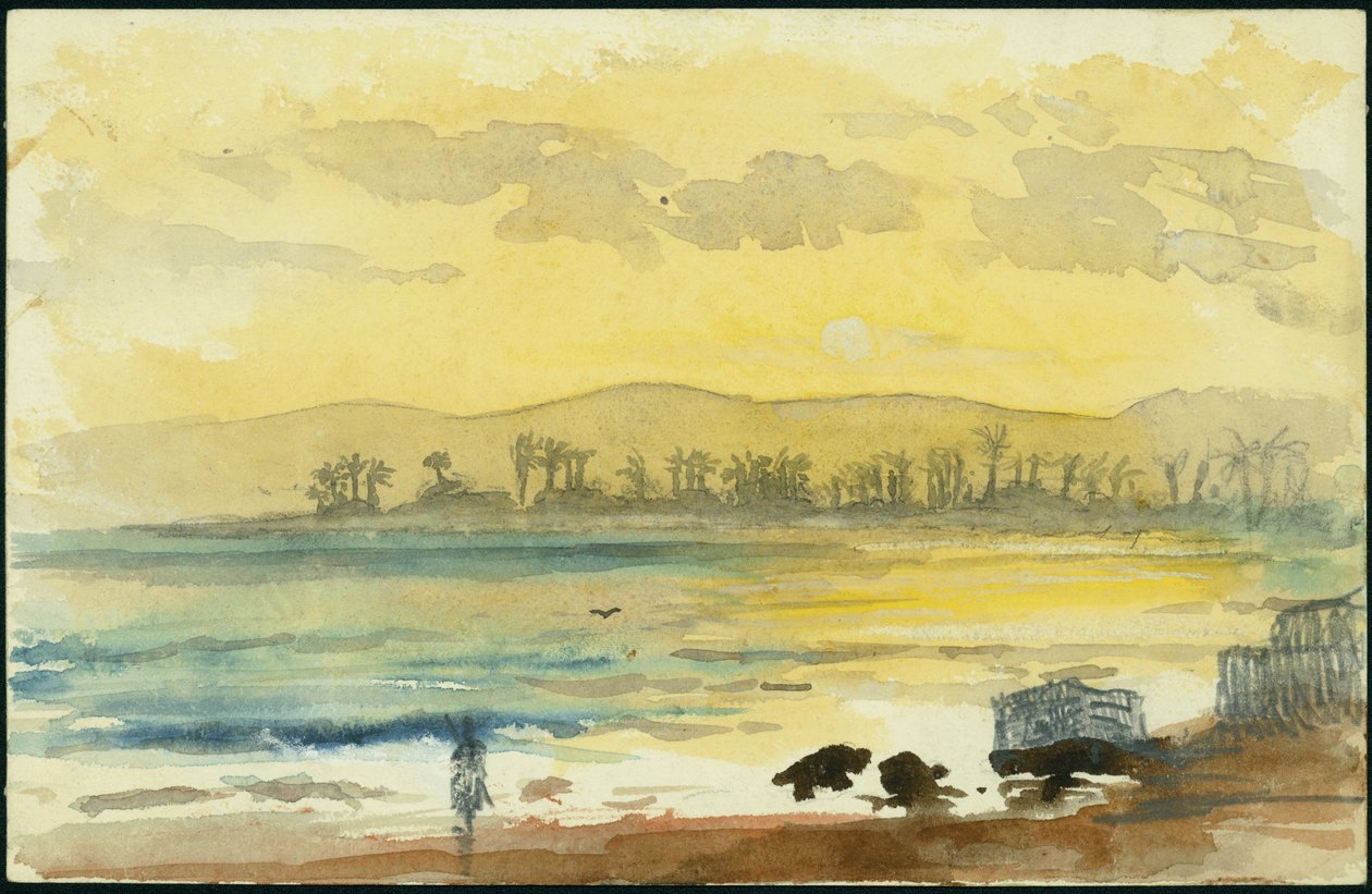 Wschód słońca w pobliżu Hajfy, 1872 (toaleta i ołówek na papierze) autorstwa Claude Conder