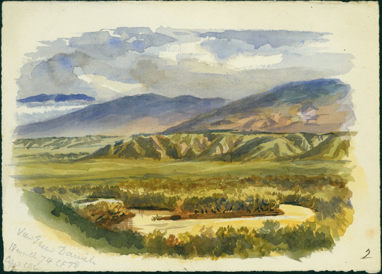 Widok w pobliżu Damieh, Dolina Jordanu, 1874 (wc i ołówek na papierze) autorstwa Claude Conder