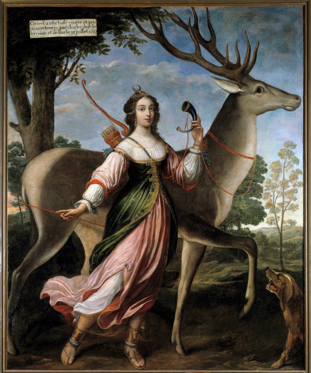 Portret Marie de Rohan - Montbazon, księżnej Luynes, a następnie Chevreuse (1600-1679) Młoda kobieta jest przedstawiana jako łowczyni Diane z jeleniem. Obraz przypisywany Claude Deruet (1588-1662) 1627 nd. 2,4x1,95 m² autorstwa Claude Deruet