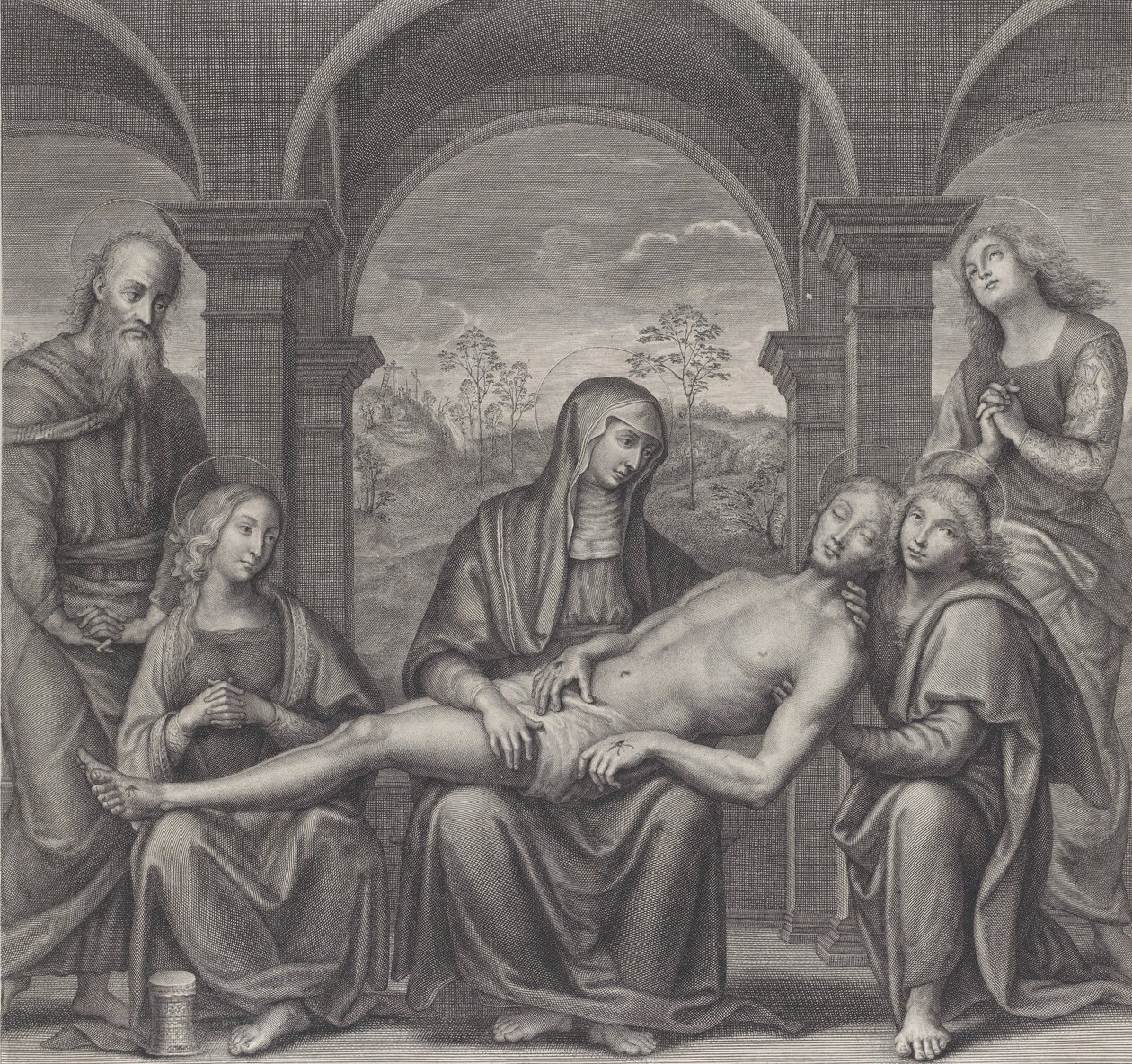 Chrystus w grobie, spoczywający na kolanach Matki Boskiej, wg Perugino, ok. 1930 r. 1685-1727. autorstwa Claude Duflos
