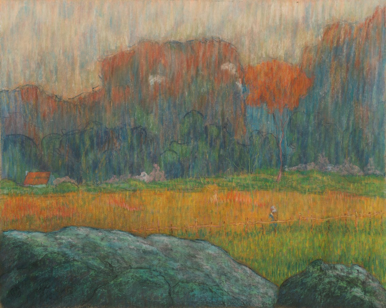Pejzaż z postacią i domami, ok. 1891 (pastel) autorstwa Claude Emile Schuffenecker