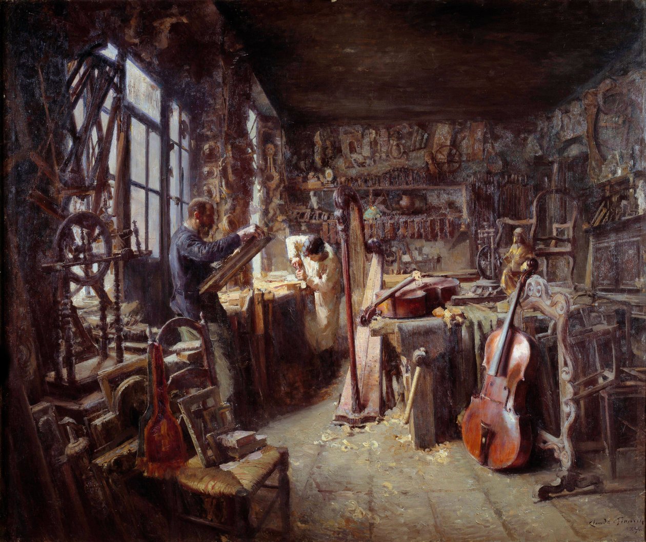 Konserwator w swoim warsztacie pełnym instrumentów. Obraz Claude