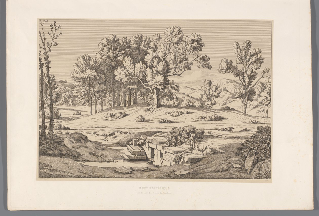 Landschap met gezicht op de berg Pentelikon Góra Pentelic (tytuł na obiekcie) Widoki najsłynniejszych miejsc starożytnej Grecji (...) (tytuł serii) autorstwa Claude Félix Théodore Caruelle d
