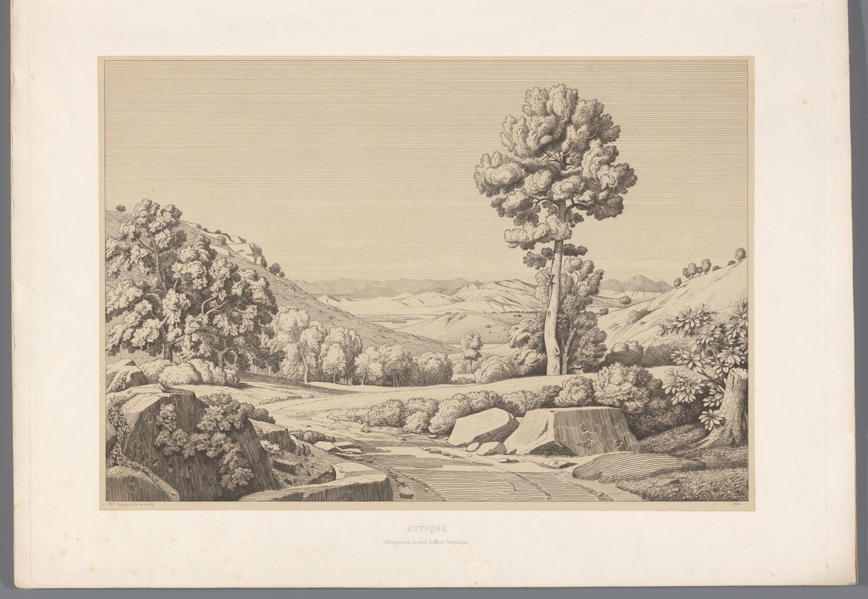 Landschap spotkał się z weg Attyka (tytuł na obiekcie) Widoki najsłynniejszych miejsc starożytnej Grecji (...) (tytuł serii) autorstwa Claude Félix Théodore Caruelle d