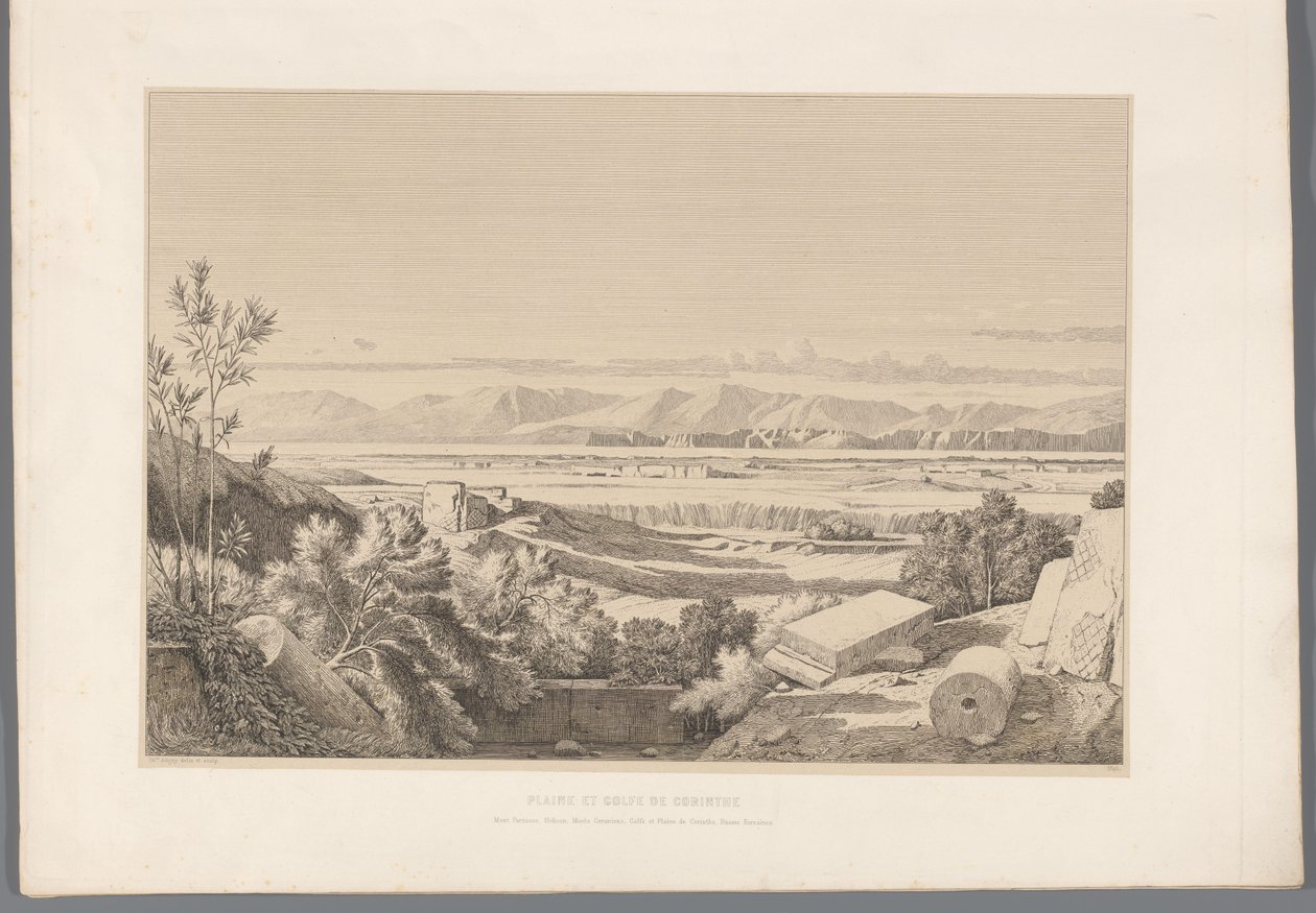 Landschap met zicht op ruins van Korinth Równina i Zatoka Koryncka (tytuł na obiekcie) Widoki najsłynniejszych miejsc starożytnej Grecji (...) (tytuł serii) autorstwa Claude Félix Théodore Caruelle d