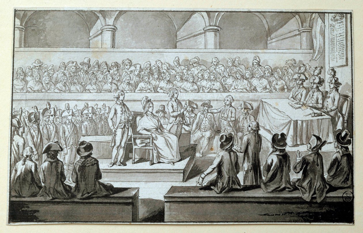 Królowa Francji Maria Antonina przed Trybunałem Rewolucyjnym: dni 14.15,16.10.1793 Prawnikiem, który bronił się w jego sprawie, jest Claude Francois Chauveau-Lagarde (1756-1841). Rysowanie czarnym tuszem Wym. 0,097x0,15m. Paryż, Luwr autorstwa Claude Francois Chauveau Lagarde