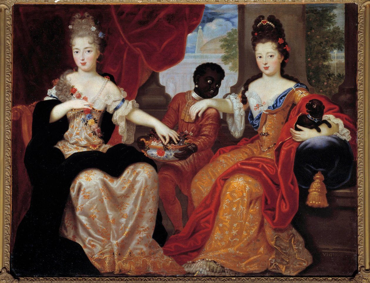 Portraits of Mademoiselle de Blois and Mademoiselle de Nantes served by their black servant”””. Mademoiselle de Blois (1677-1749), future wife of Louis de Bourbon, Mademoiselle de Nantes (1673-1743), future Duchess of Orleans. Painting by Claude Francois V autorstwa Claude Francois Vignon