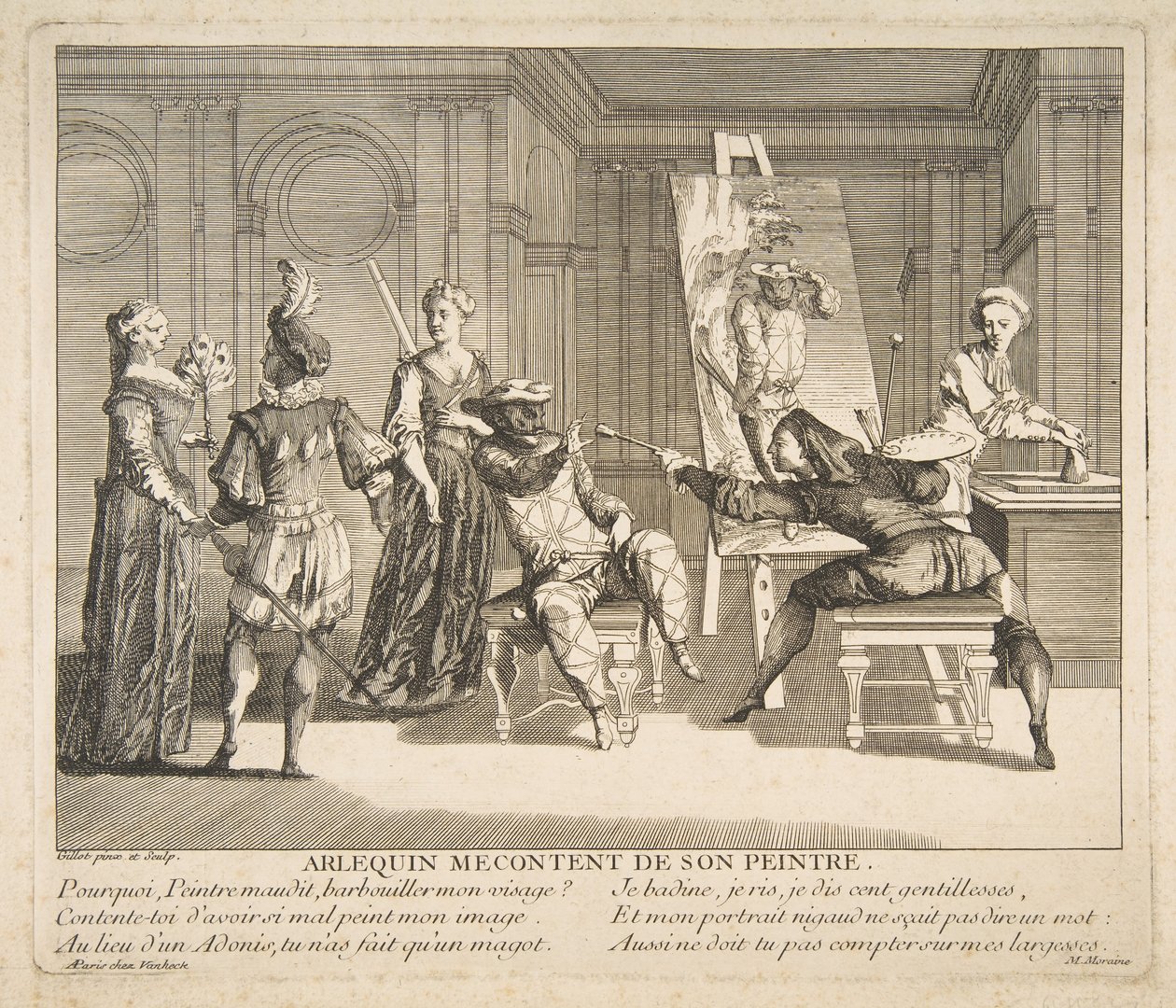 Arlekin niezadowolony ze swojego malarza.n.d. Twórcy: Claude Gillot, Jacques Gabriel Huquier. autorstwa Claude Gillot, Jacques Gabriel Huquier
