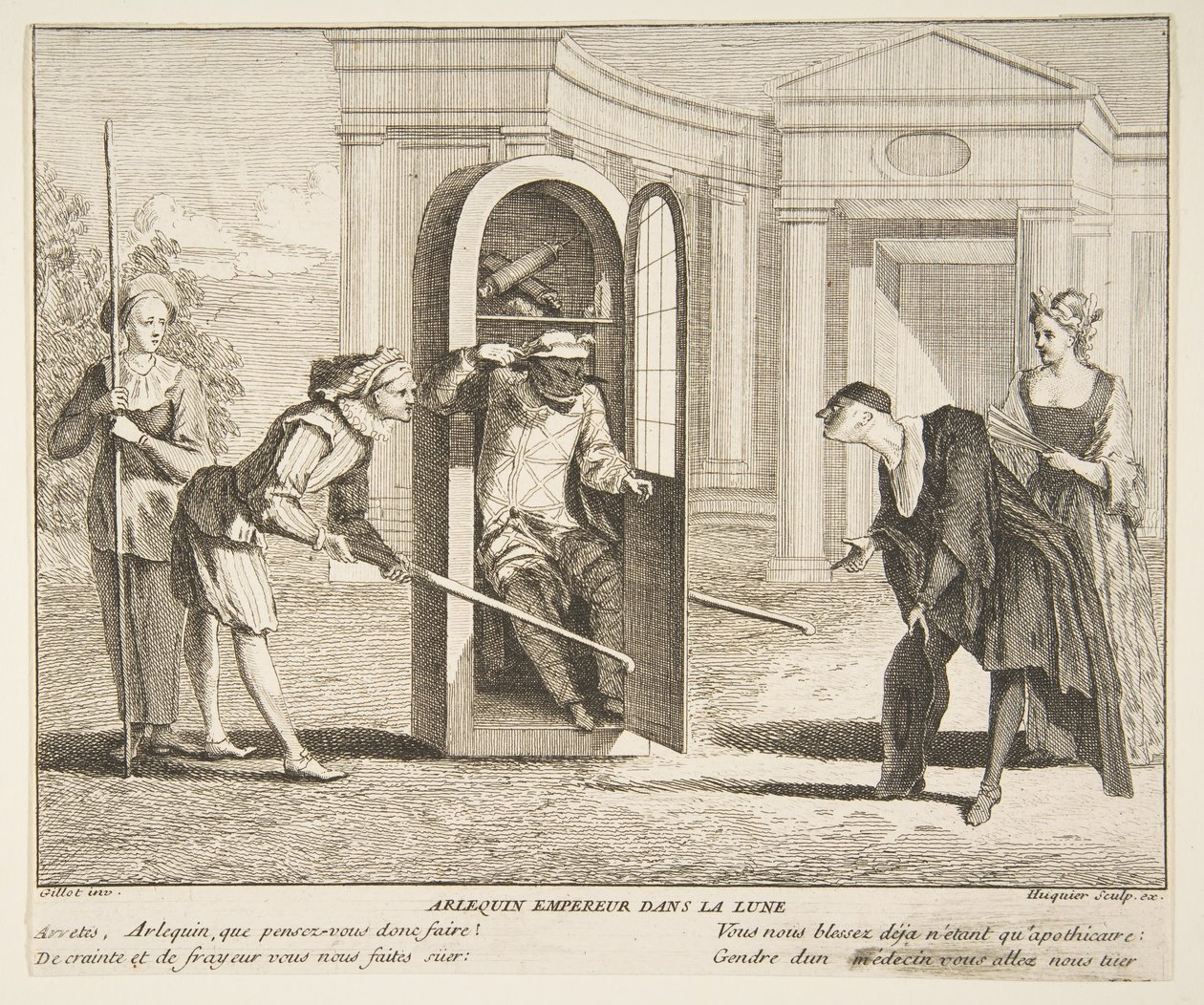 Arlekin, Cesarz na Księżycu.n.d. Twórcy: Claude Gillot, Jacques Gabriel Huquier. autorstwa Claude Gillot, Jacques Gabriel Huquier