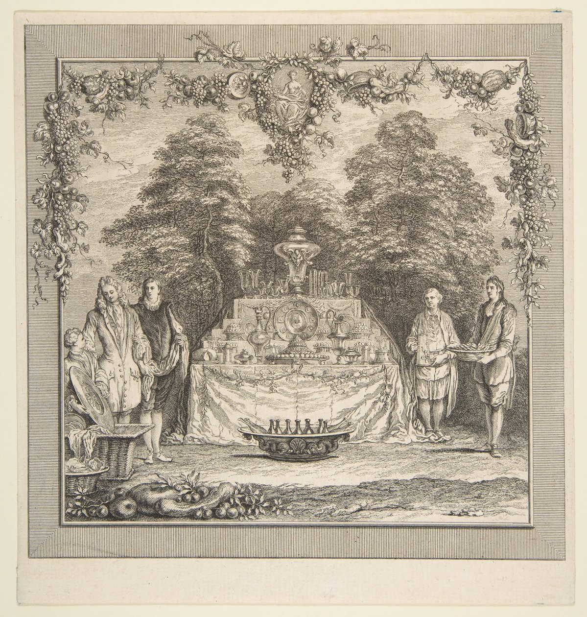Przekąska przygotowana w ogrodzie. Twórcy: Claude Gillot, Jacques Gabriel Huquier. autorstwa Claude Gillot, Jacques Gabriel Huquier
