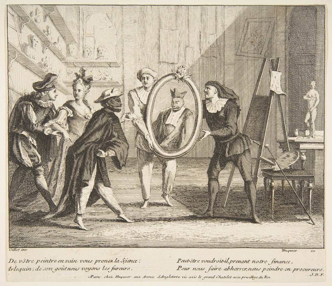 Pierrot i Scaramouche pokazują portret Harlequin.n.d. Twórcy: Claude Gillot, Jacques Gabriel Huquier. autorstwa Claude Gillot, Jacques Gabriel Huquier
