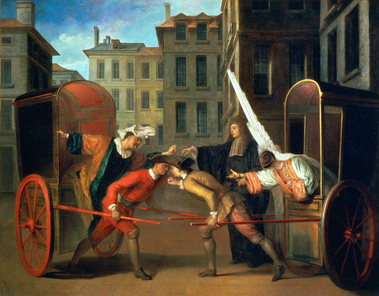 Dwa powozy, scena dodana do komedii „Jarmark w Saint-Germain” Jean-Francois Regnard (1655-1709) n Charles-Riviere Dufresne (1648-1724) c.1695 (olej na płótnie) autorstwa Claude Gillot