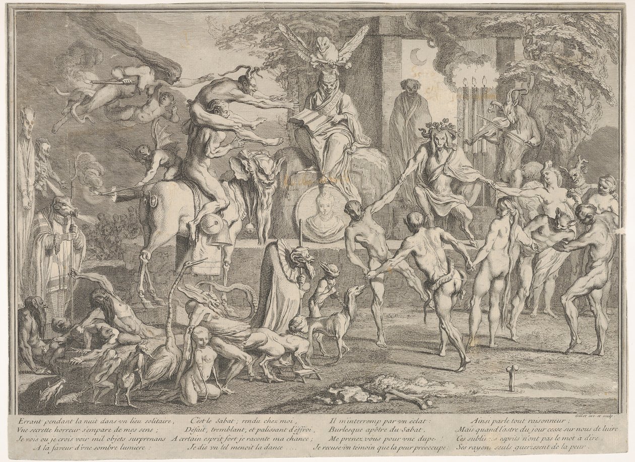 Sabat Czarownic, w nocnym pejzażu, nekromanta siedzący na szczycie..., ca. 1700-1720. autorstwa Claude Gillot