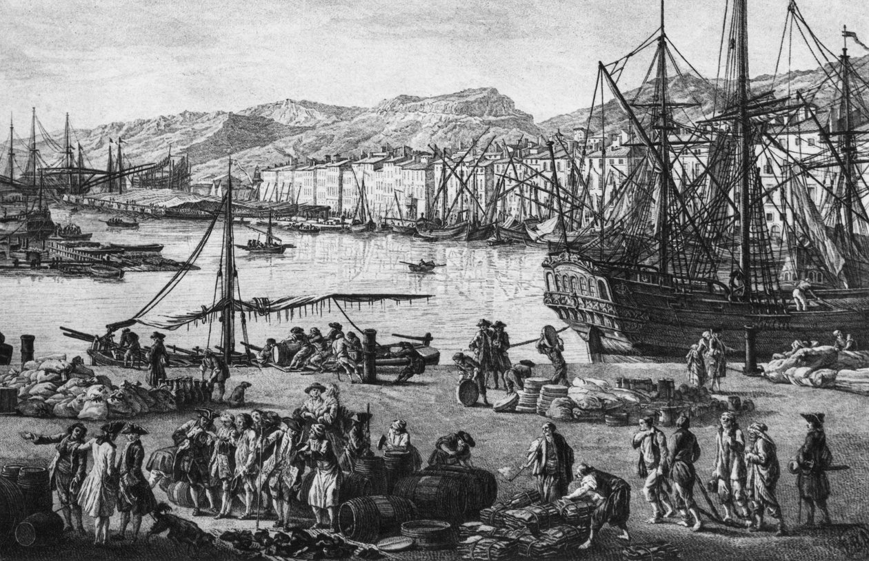 Stary Port w Tulonie, widziany ze sklepów kwatermistrza, seria „Les Ports de France”, grawerowana przez Charlesa Nicolasa Cochina Młodszego (1715-90) i Jacquesa Philippe