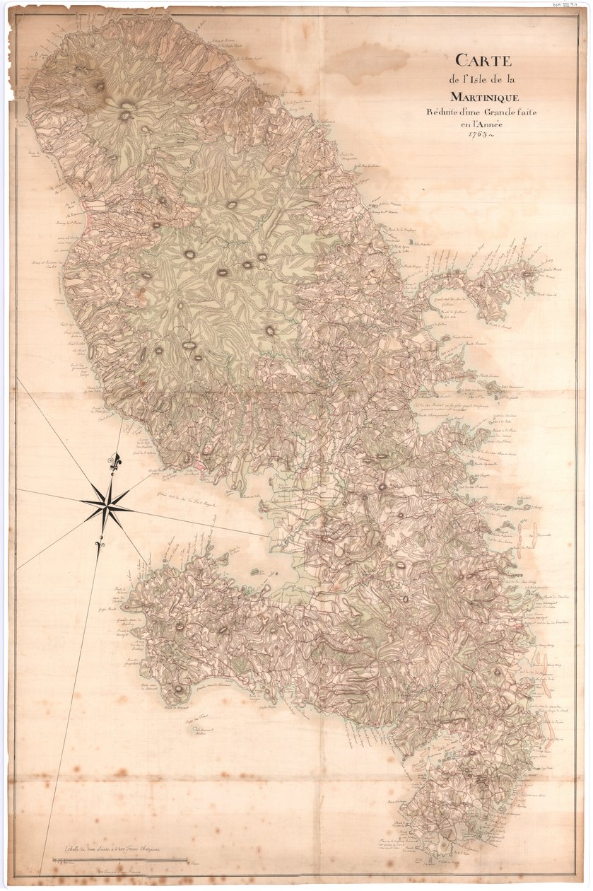 Mapa wyspy Martyniki zmniejszona do dużej, wykonana w roku 1763, nd [1797] (rękopis) autorstwa Claude Joseph Sauthier