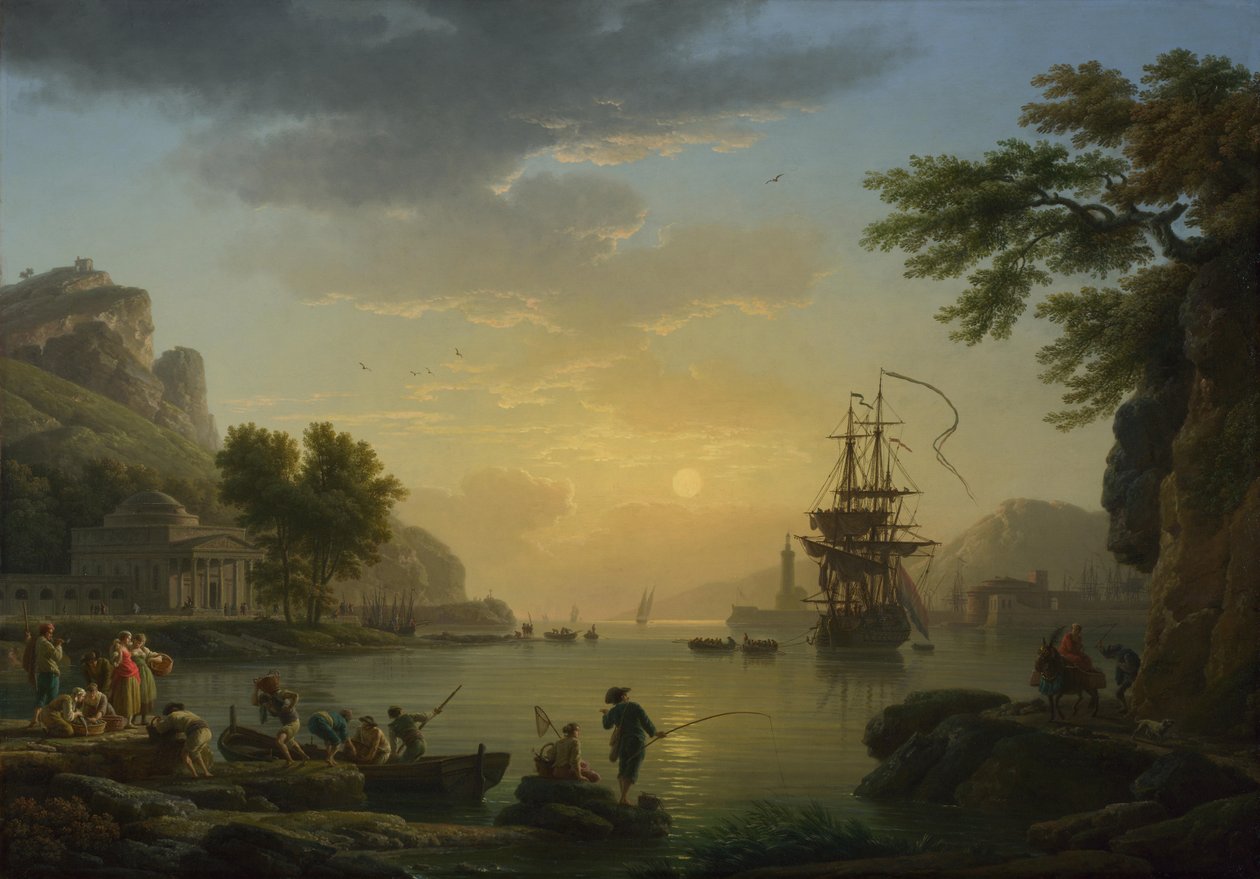 Krajobraz o zachodzie słońca z rybakami powracającymi ze swoim połowem, 1773 autorstwa Claude Joseph Vernet