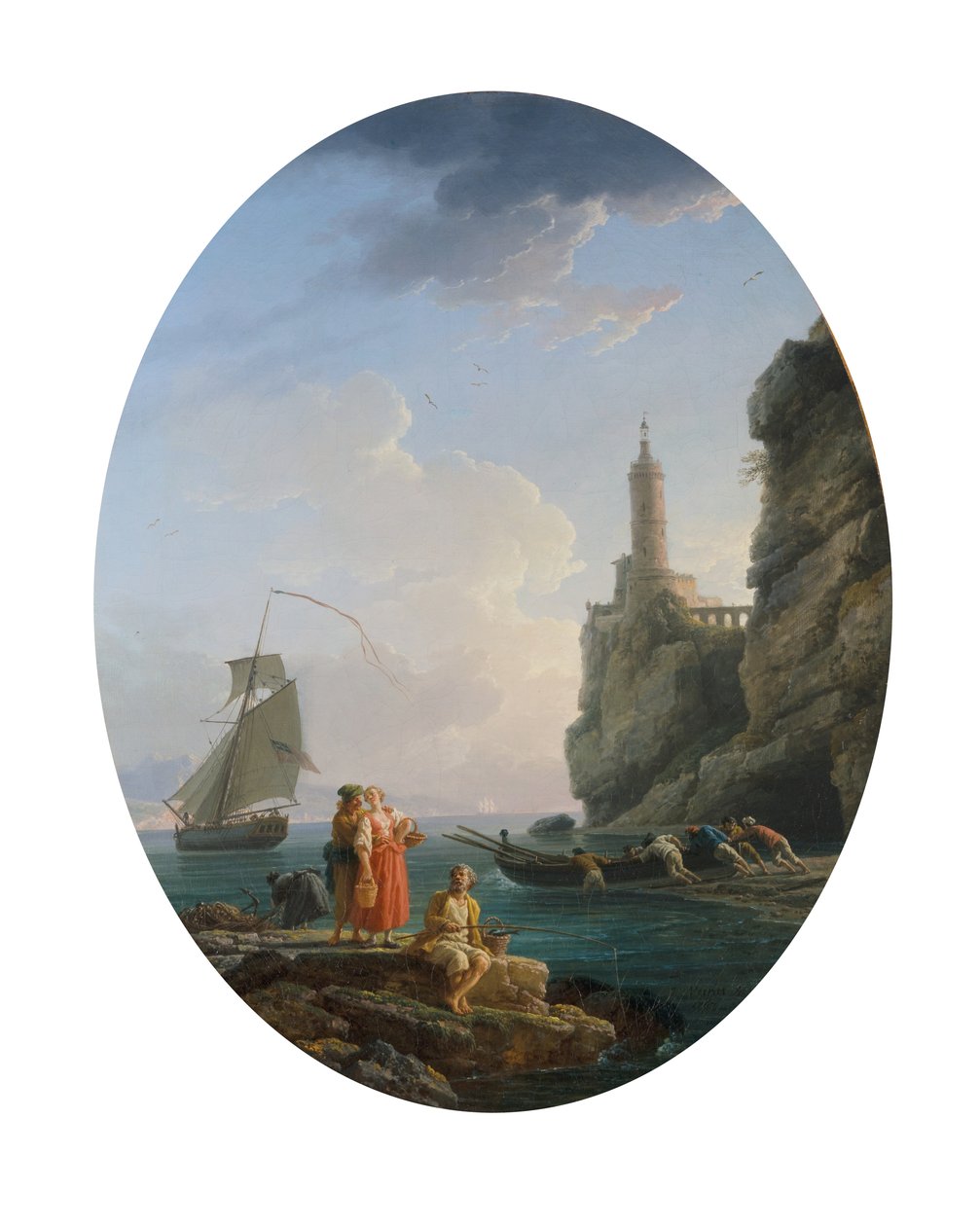 Linia brzegowa Morza Śródziemnego z zakochaną parą i rybakami autorstwa Claude Joseph Vernet