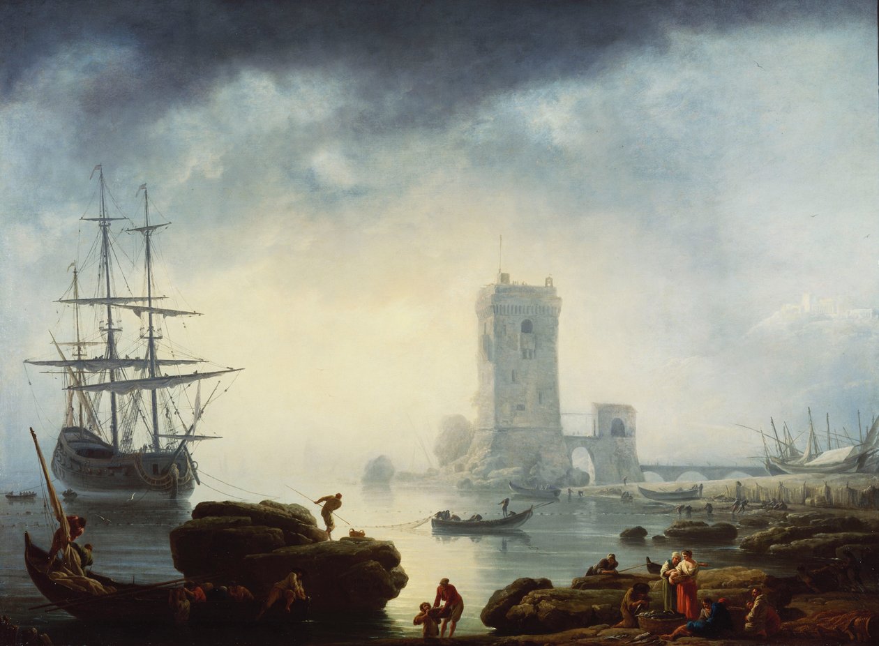 Śródziemnomorska scena portowa: rano, 1745 autorstwa Claude Joseph Vernet