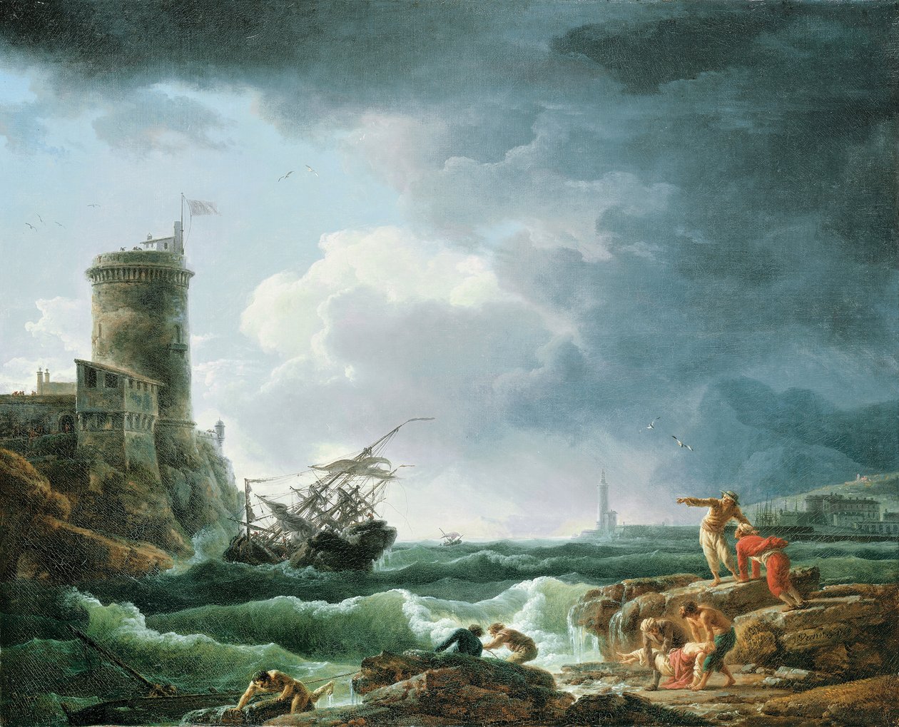 Burza z wrakiem statku przy fortecy, rozbitek na pierwszym planie, 1769 autorstwa Claude Joseph Vernet
