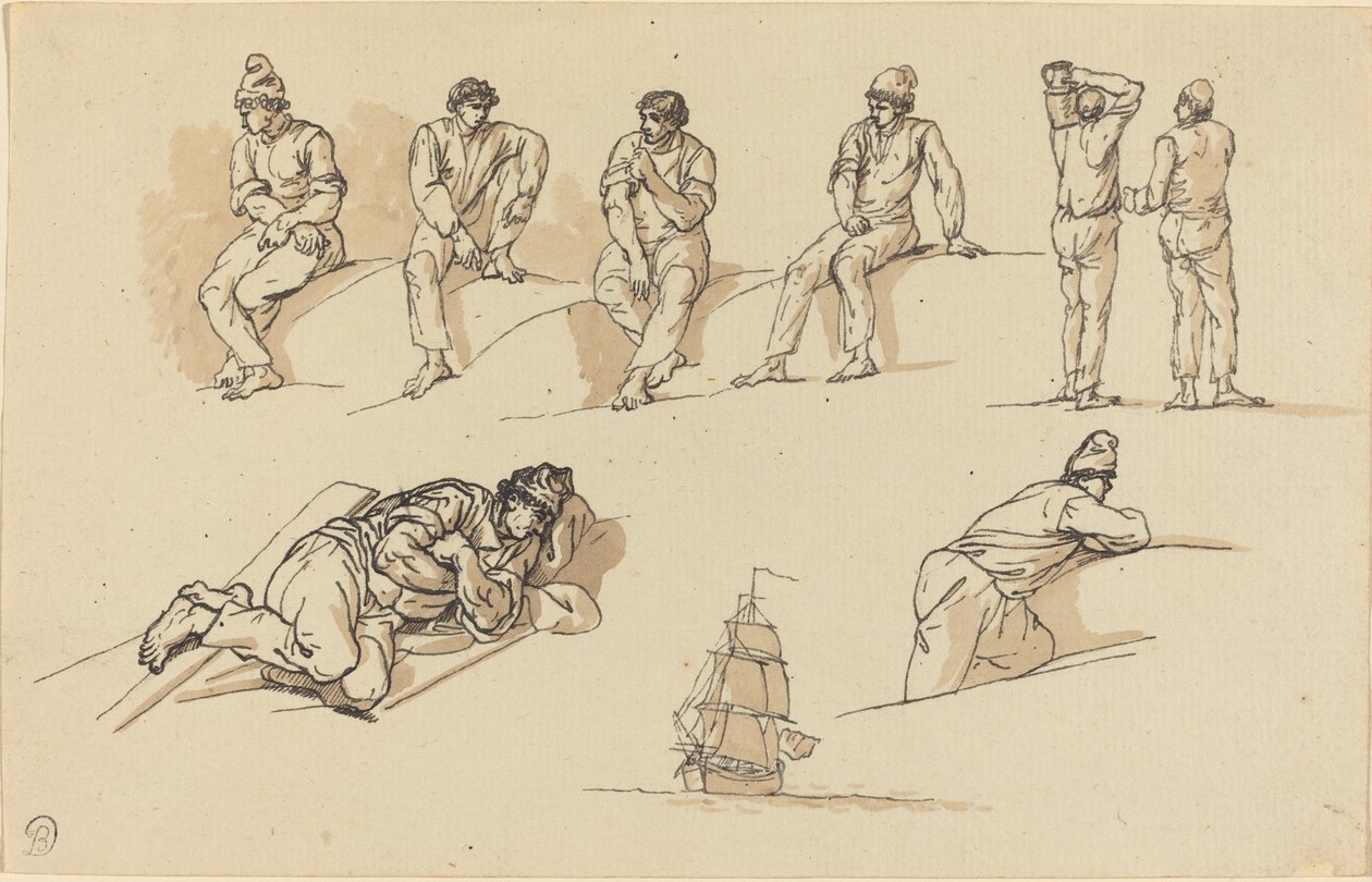 Osiem studiów postaci i statek na morzu autorstwa Claude Joseph Vernet