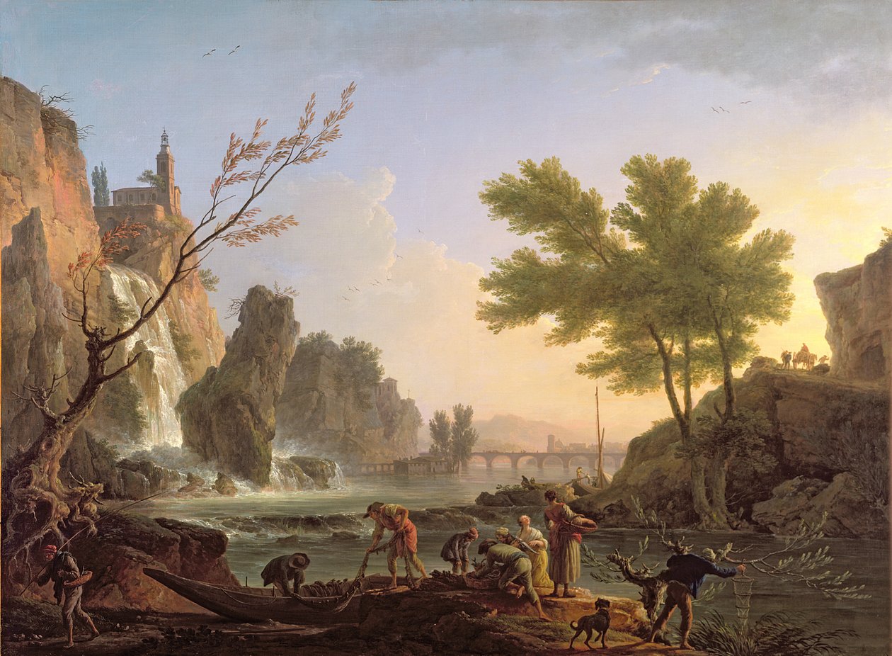 Rybak w krajobrazie z kaskadą i mostem autorstwa Claude Joseph Vernet