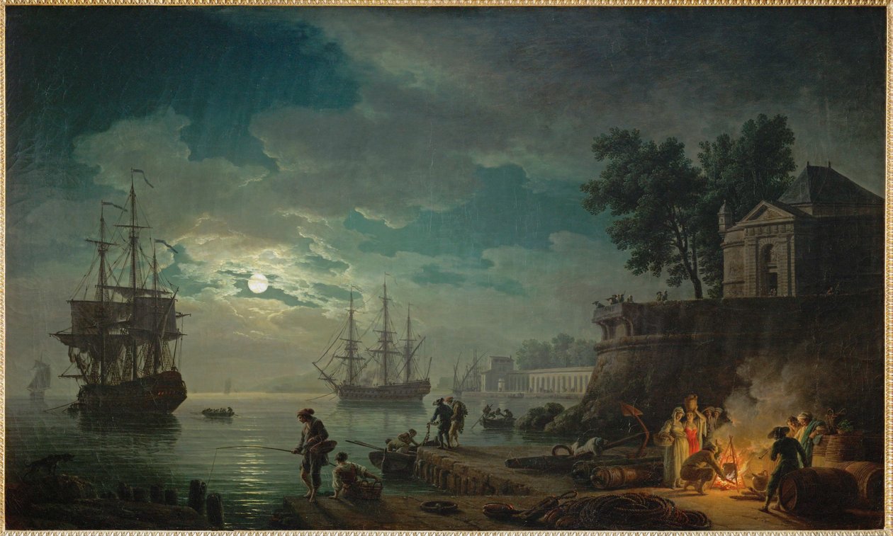 Nocą, oświetlony księżycem port morski ... autorstwa Claude Joseph Vernet
