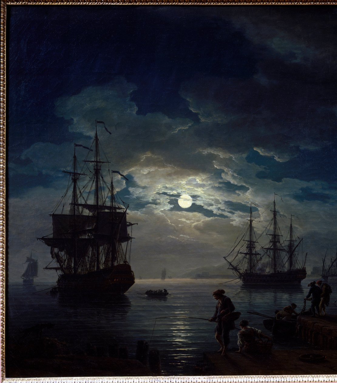 Moonlight połowów Nocny widok na port. Szczegół. Obraz Josepha Verneta (1714-1789) 1773 Paryż, Musee du Louvre autorstwa Claude Joseph Vernet