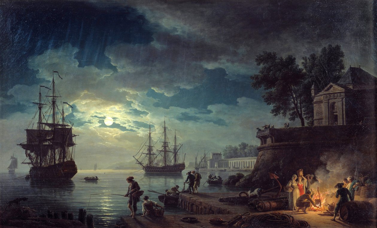 Moonlight połowów Nocny widok na port z mężczyznami co ognisko. Obraz Josepha Verneta autorstwa Claude Joseph Vernet