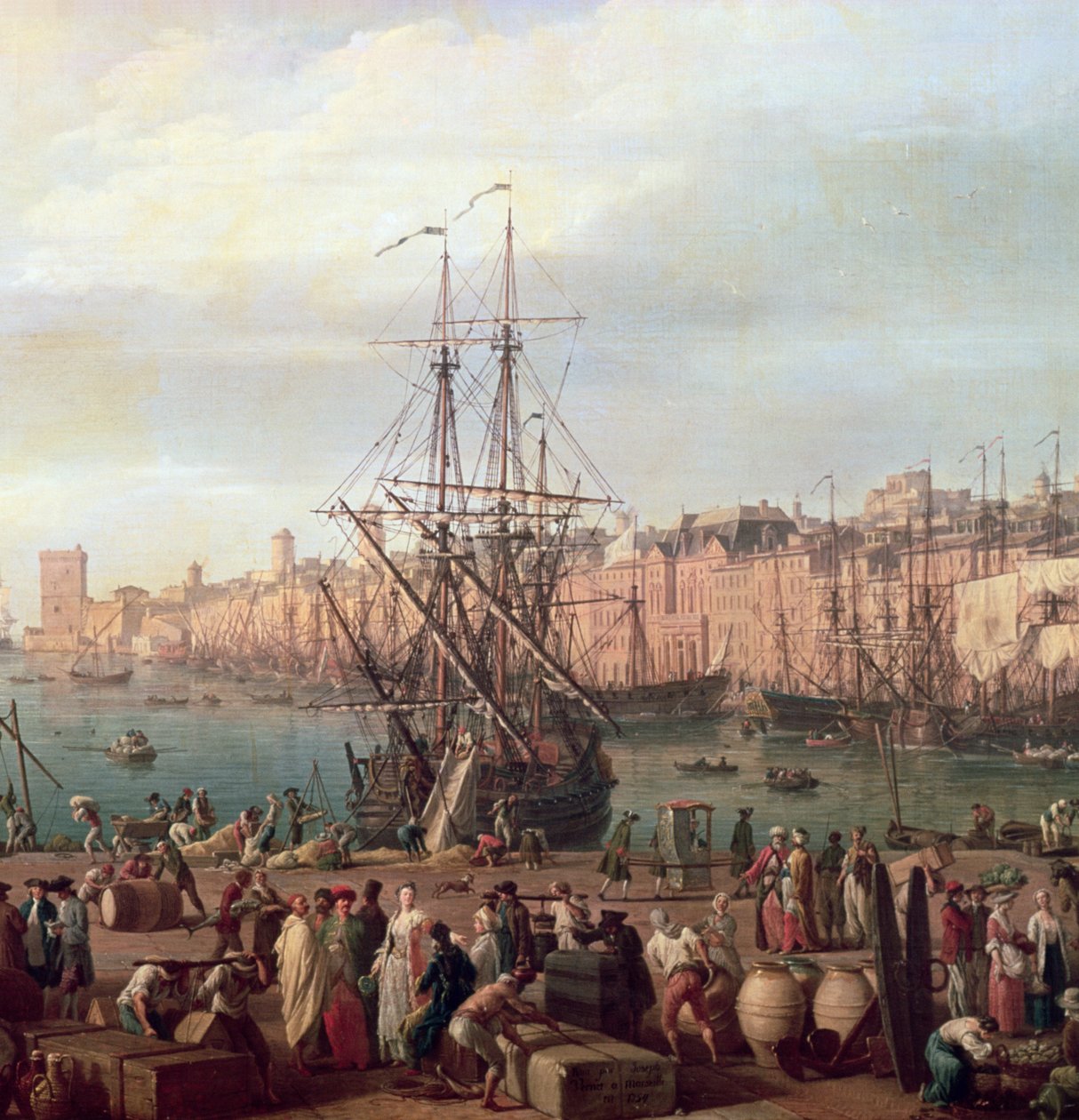 Poranny widok na wewnętrzny port w Marsylii i pawilon Horloge du Parc, 1754 (detal z 156103) autorstwa Claude Joseph Vernet