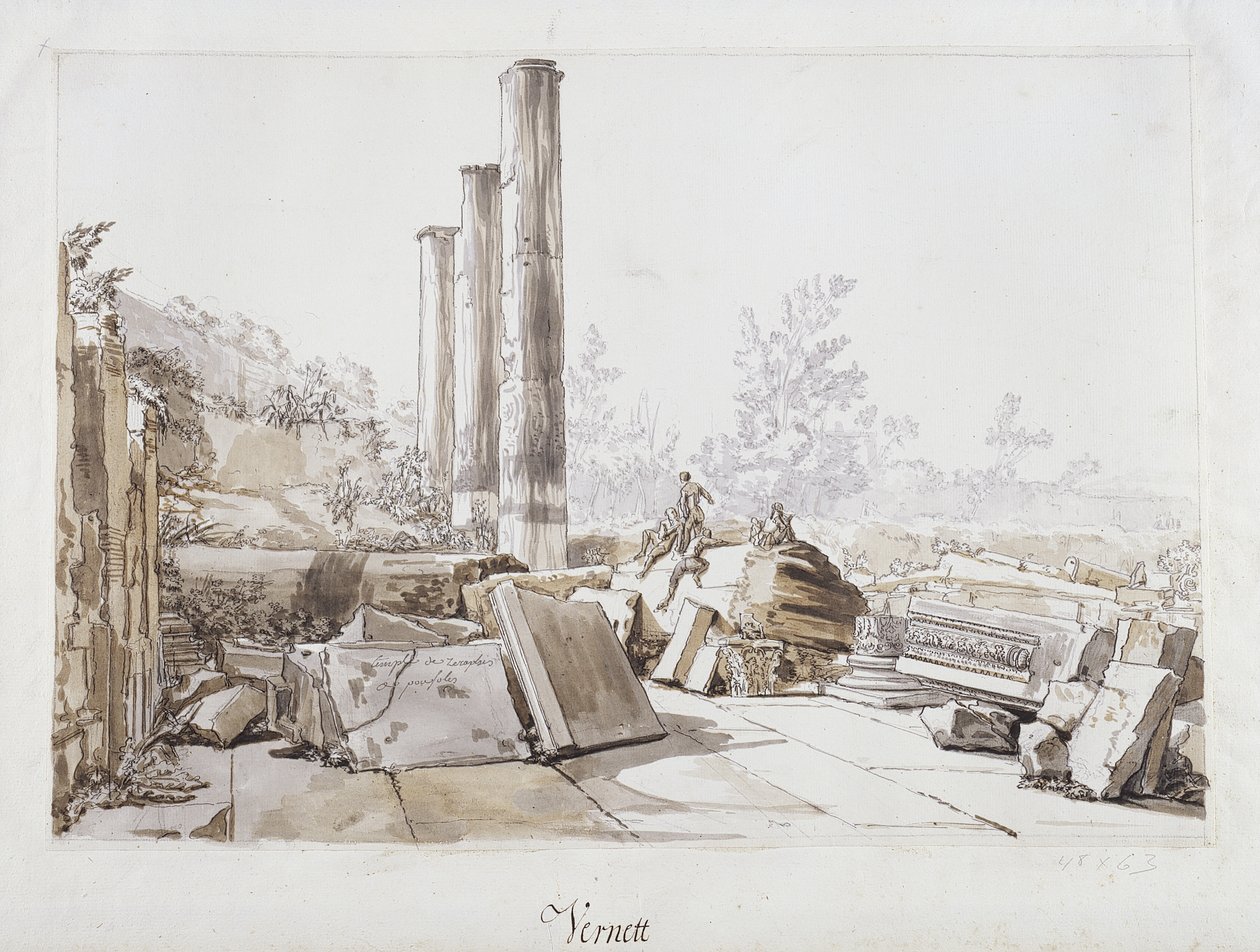 Ruiny świątyni Serapisa w Pozzuoli, 1750 (pióro i atrament oraz umyć czarną kredą na papierze) autorstwa Claude Joseph Vernet