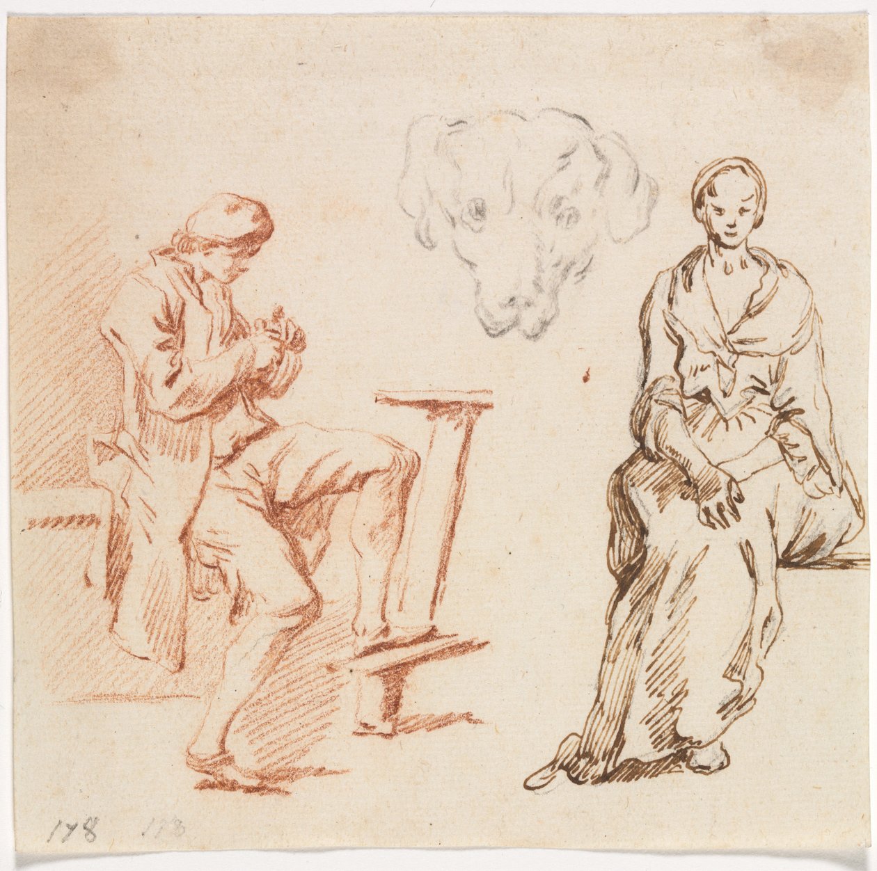 Arkusz studiów: Siedzący mężczyzna, głowa psa, siedząca kobieta autorstwa Claude Joseph Vernet