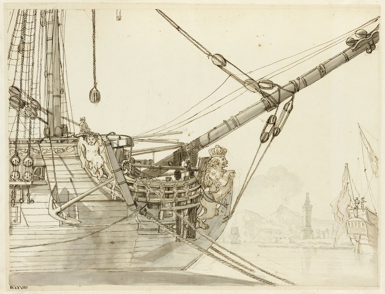 Studium dziobu okrętu wojennego z brytyjskimi okrętami wojennymi i portem w Neapolu w tle autorstwa Claude Joseph Vernet