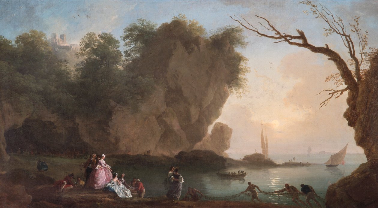 „Zachód słońca: widok na zatokę z postaciami”, 1742 autorstwa Claude Joseph Vernet
