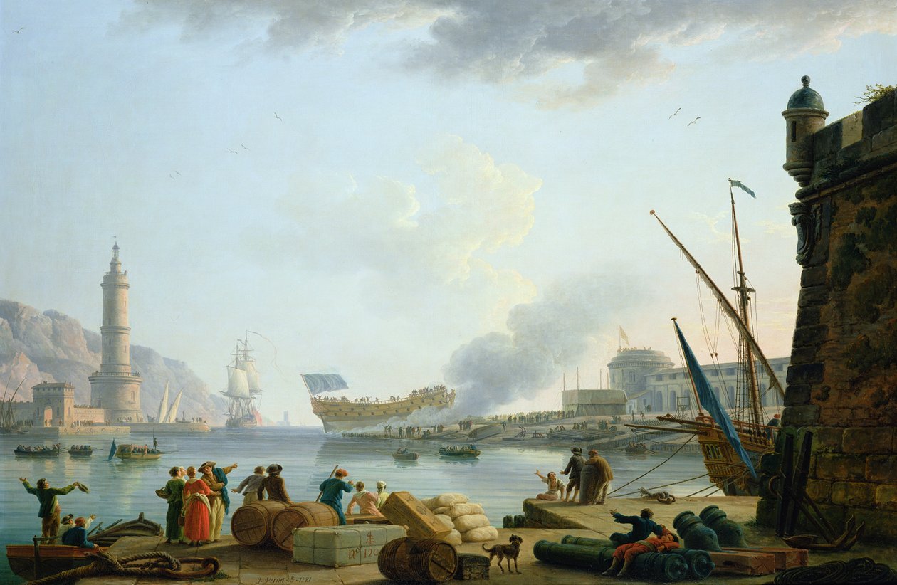 Wodowanie okrętu wojennego u ujścia portu, 1781 autorstwa Claude Joseph Vernet