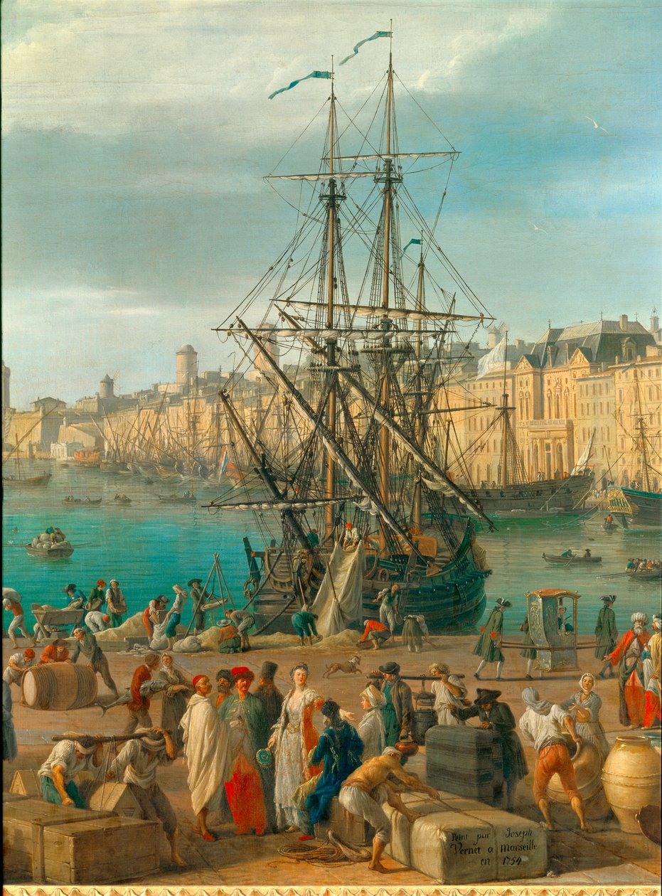 Port w Marsylii w XVIII wieku Szczegół przedstawiający rozładunek towarów. Obraz Josepha Verneta (1714-1789) XVIII-wieczny Paryż. Muzeum Morskie autorstwa Claude Joseph Vernet