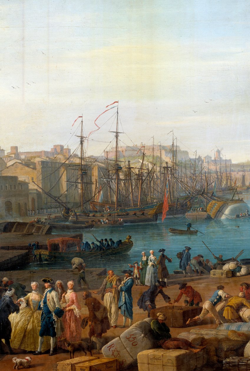 Port w Marsylii w XVIII wieku Szczegół przedstawiający rozładunek towarów. Obraz Josepha Verneta (1714-1789) autorstwa Claude Joseph Vernet