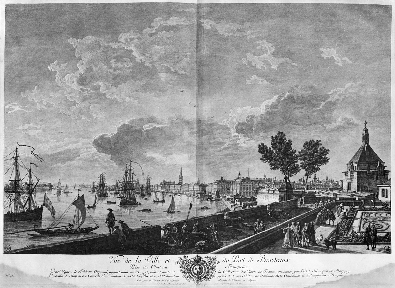 Widok na miasto i port w Bordeaux widziany z Chateau Trompette, cykl „Les Ports de France”, sztychowany przez Charlesa Nicolasa Cochina Młodszego autorstwa Claude Joseph Vernet