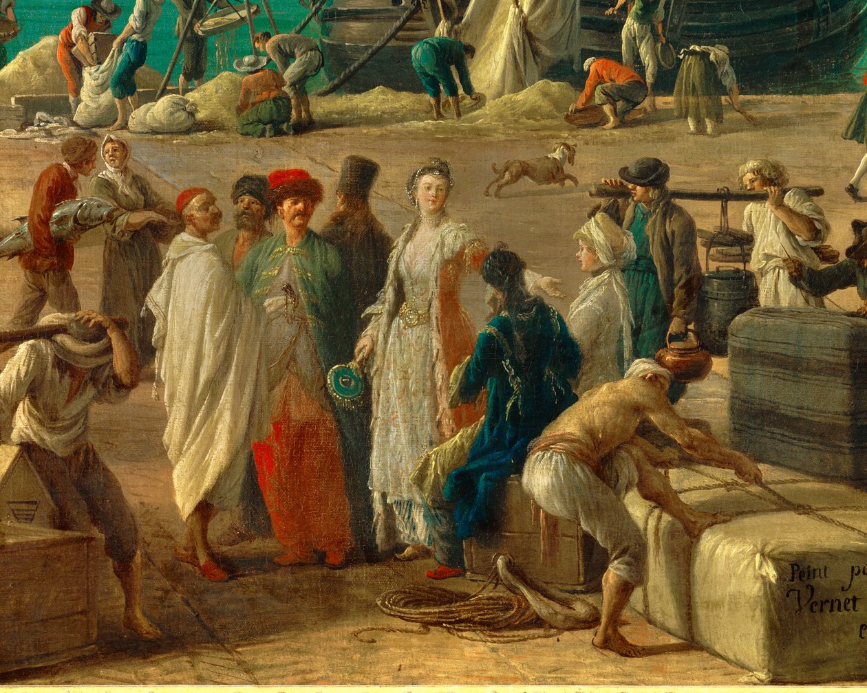 szczegół: Port w Marsylii w XVIII wieku”” Szczegół przedstawiający rozładunek towarów. Obraz Josepha Verneta (1714-1789) XVIII-wieczny Paryż. Muzeum Morskie autorstwa Claude Joseph Vernet